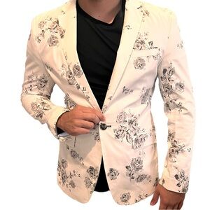 Mens Size M/L? White Floral Statement Blazer Jacket Gray Formal Spring Easter